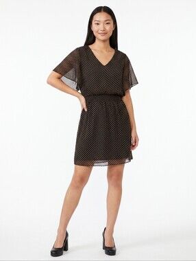 Black Mini Dress Tan Polka Dots Blouseon Elastic Waist Flutter Sleeves Sm